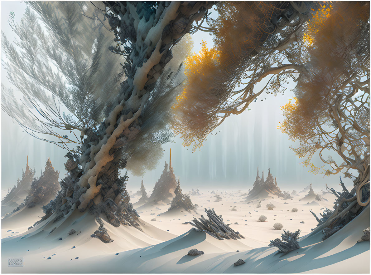 Towering snow-dusted trees in mystical forest landscape