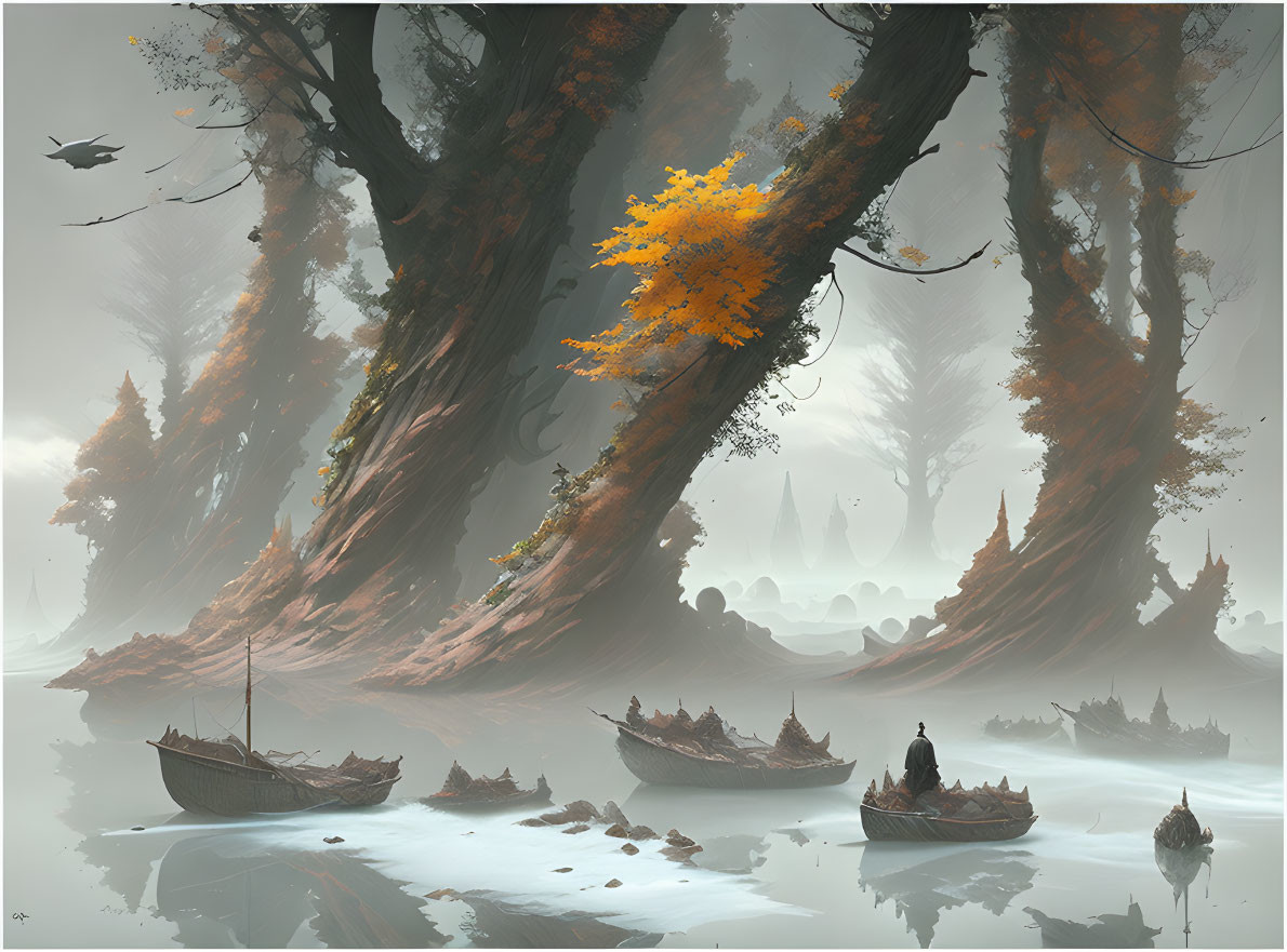 Misty forest with ancient trees, autumn branch, boats, and figure in serene waterways