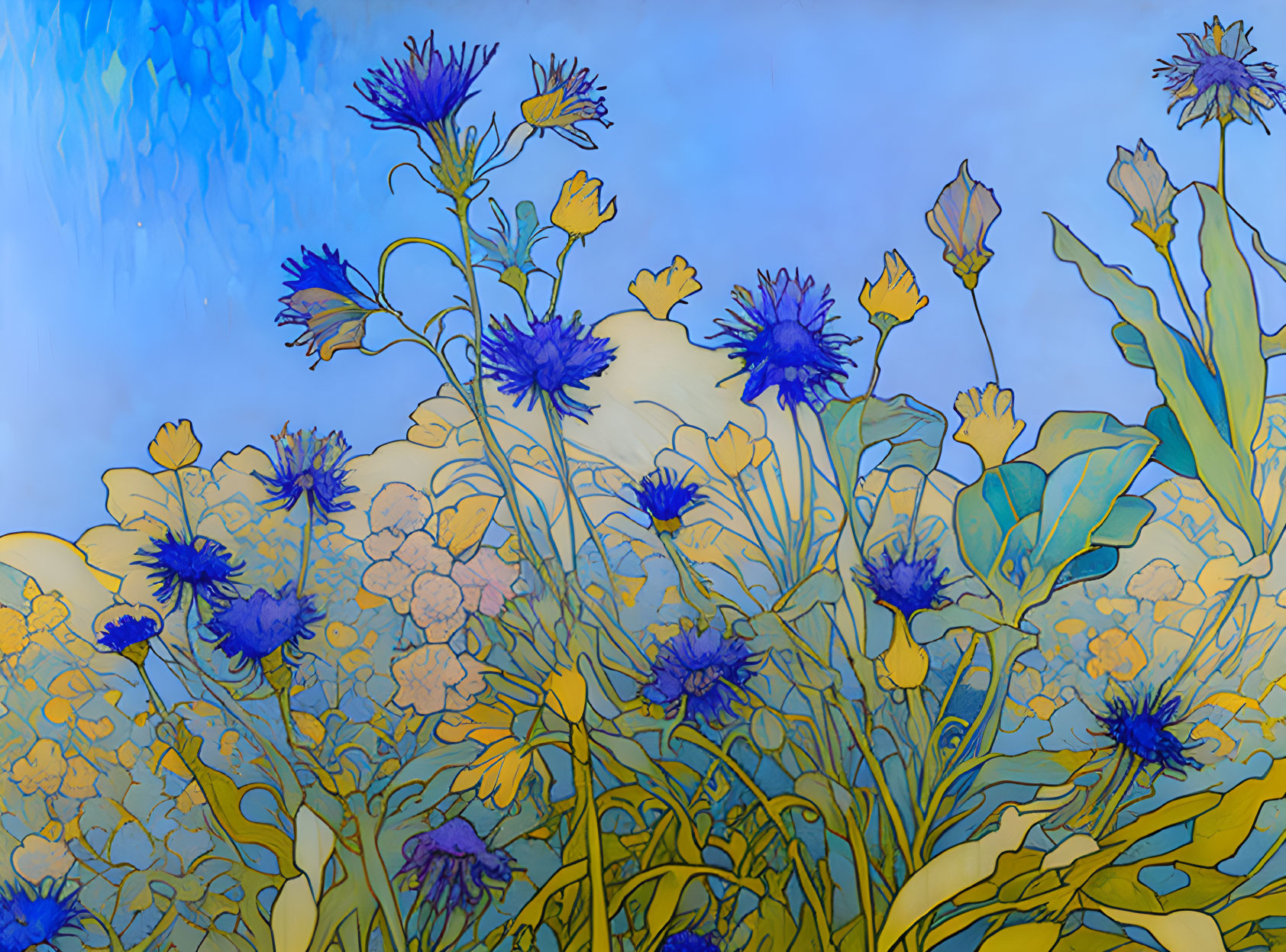 Blue and Yellow Flowers Illustration on Textured Sky-Blue Background