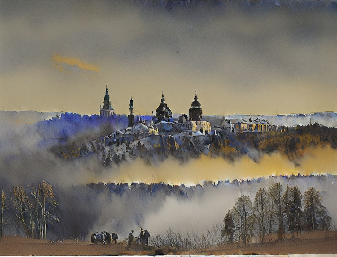 Misty landscape watercolor with tree silhouettes and village church spires.