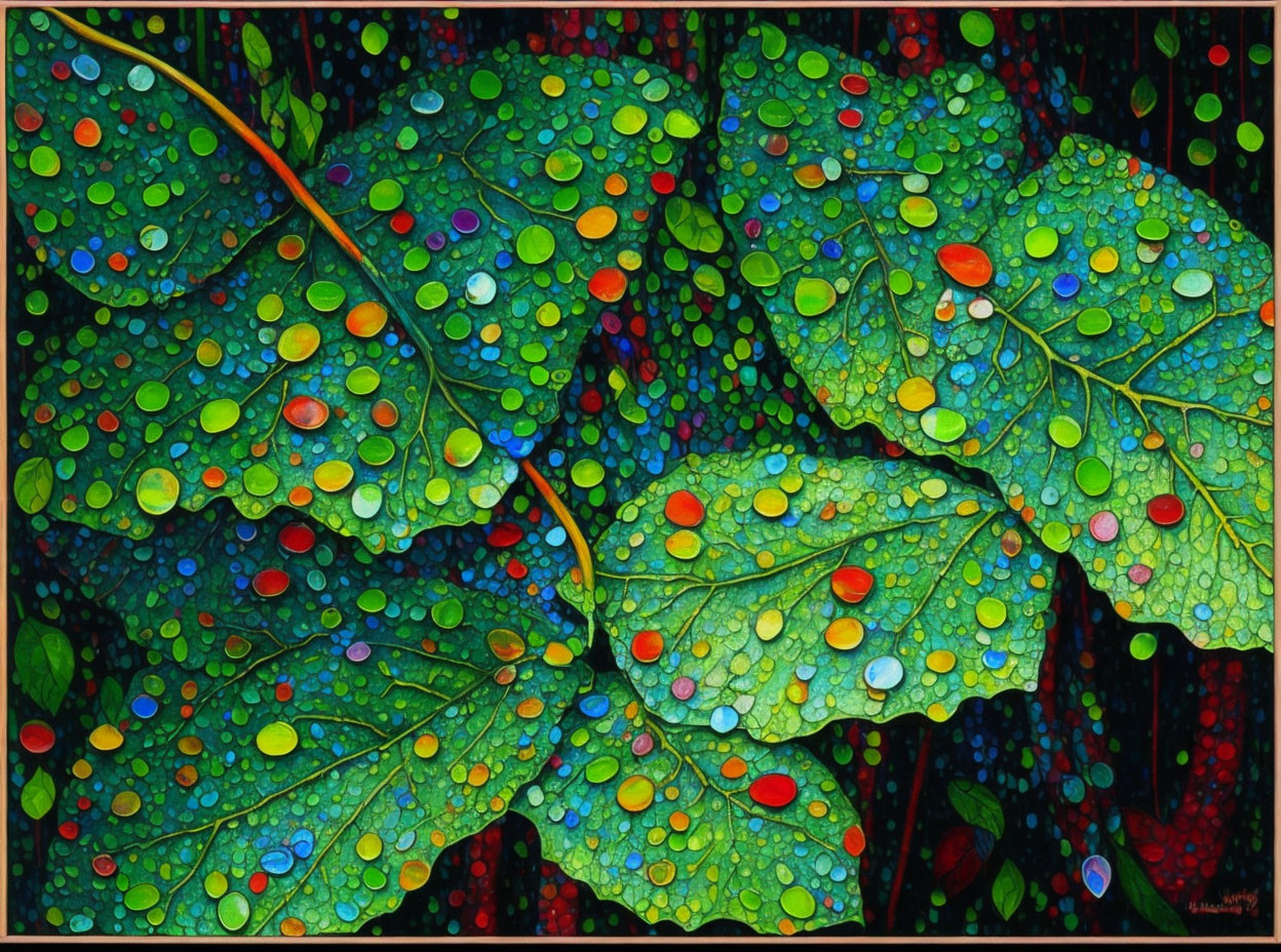 Colorful Droplet-Patterned Leaves on Dark Mosaic Background