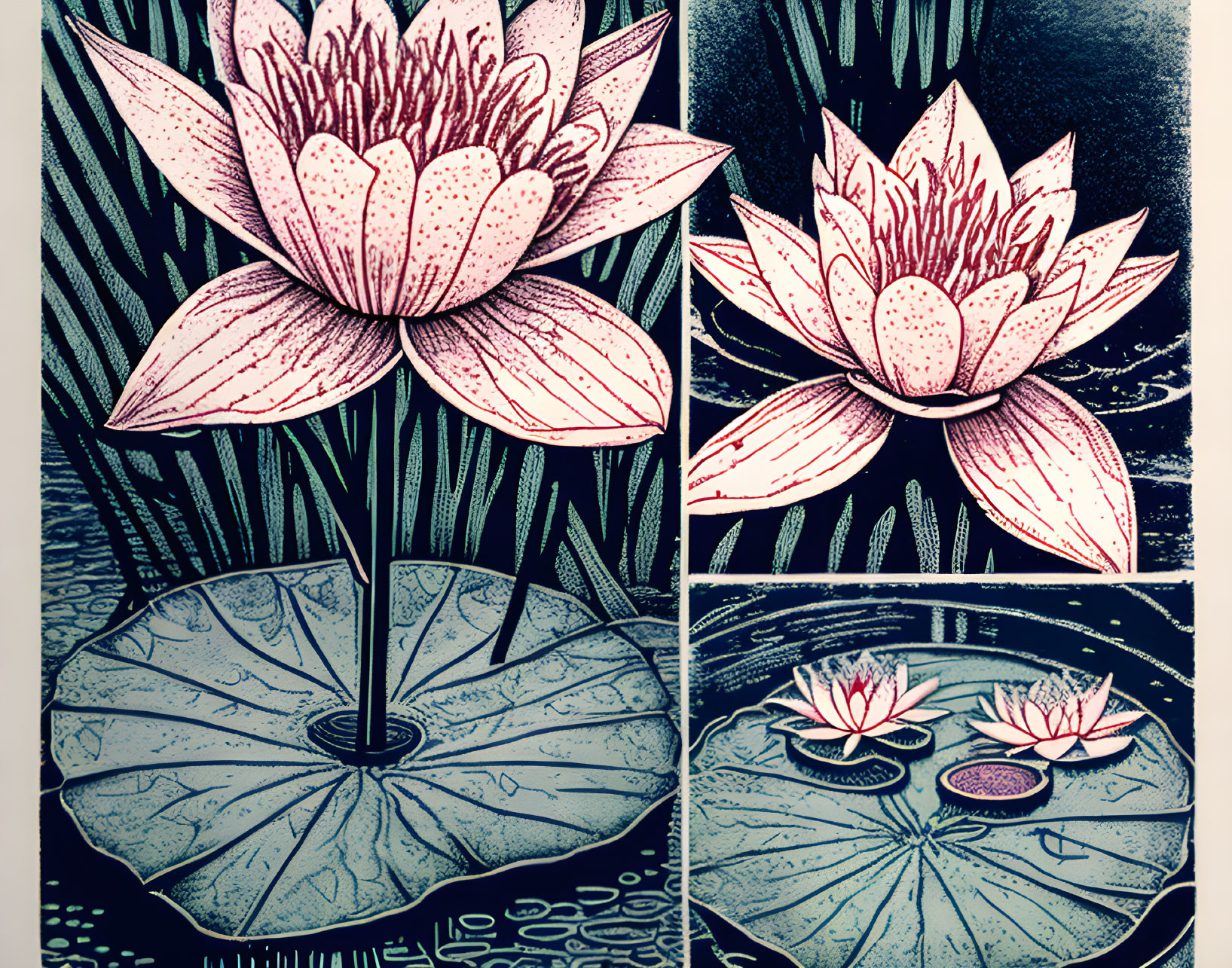 Stylized pink lotus flower illustrations on dark background