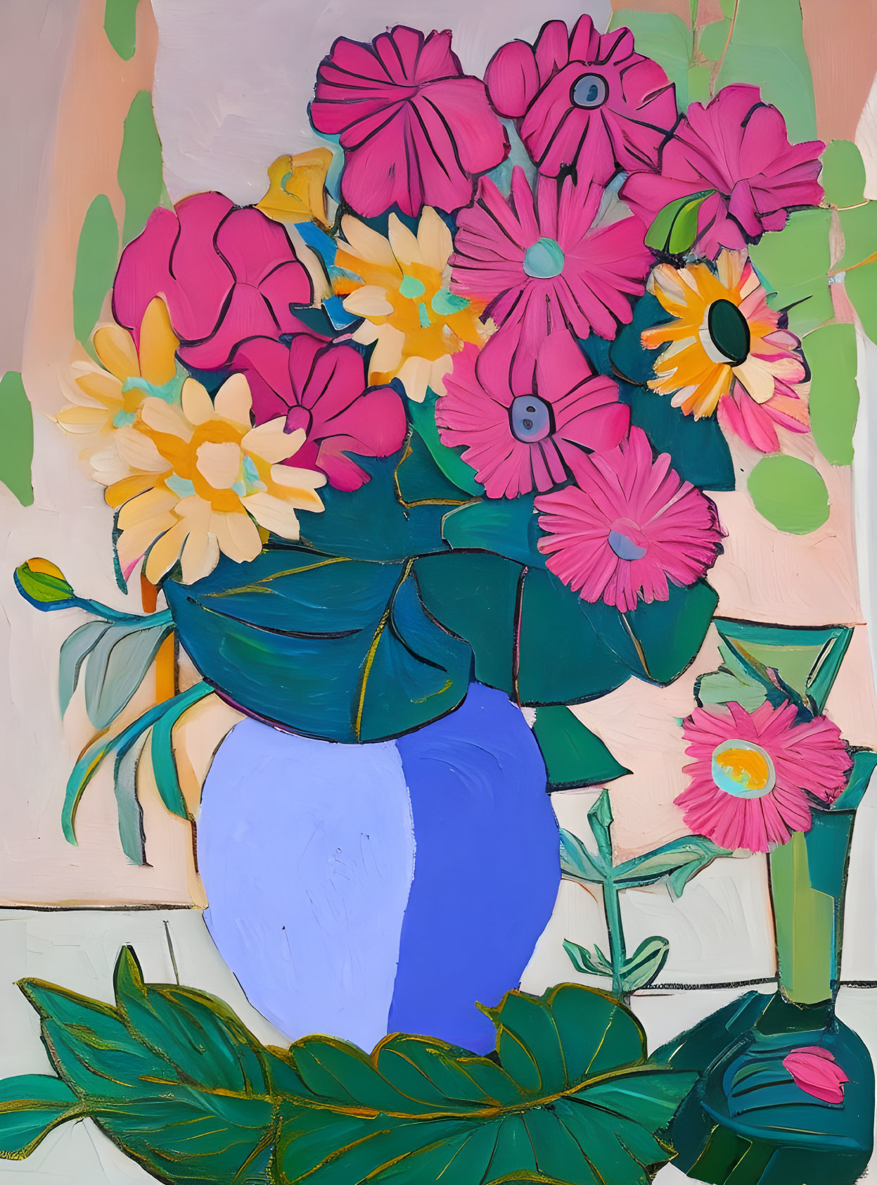 Colorful Floral Arrangement Painting with Blue Vase & Pastel Background