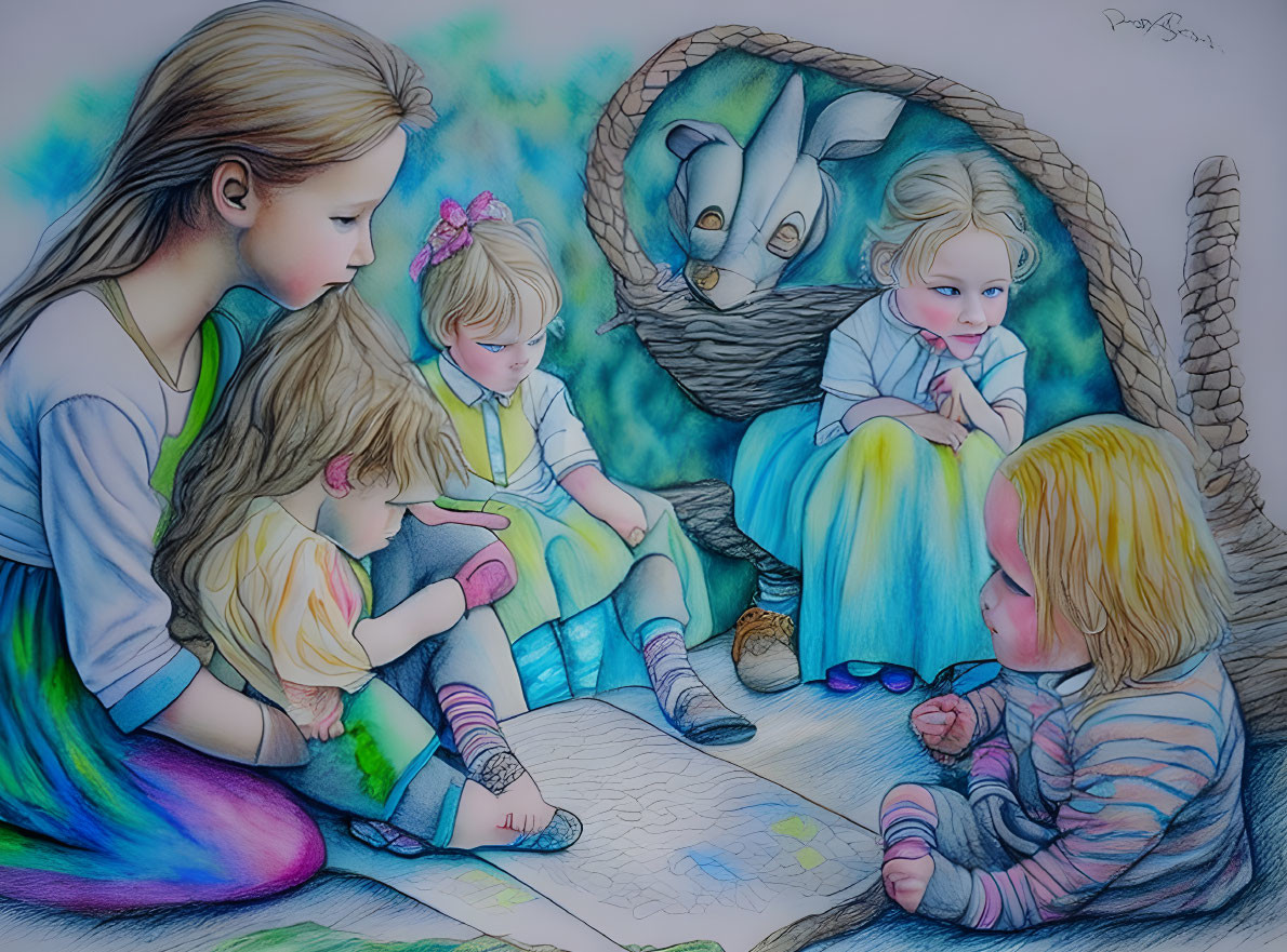 Vibrant drawing of four children with a rabbit and basket