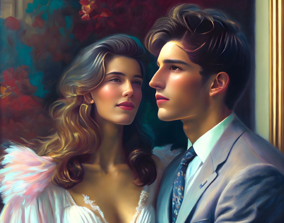 Stylized couple digital painting with flowing hair and suit, colorful backdrop