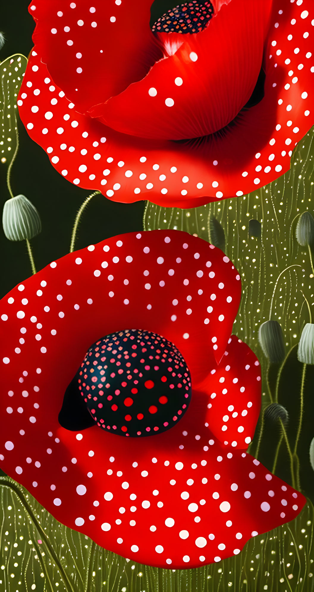 Bright red poppies with dotted petals on dark green backdrop