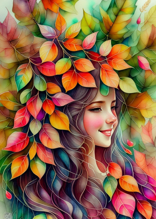 Colorful illustration: Woman with leaves in hair, transitioning from green to autumnal hues, exuding