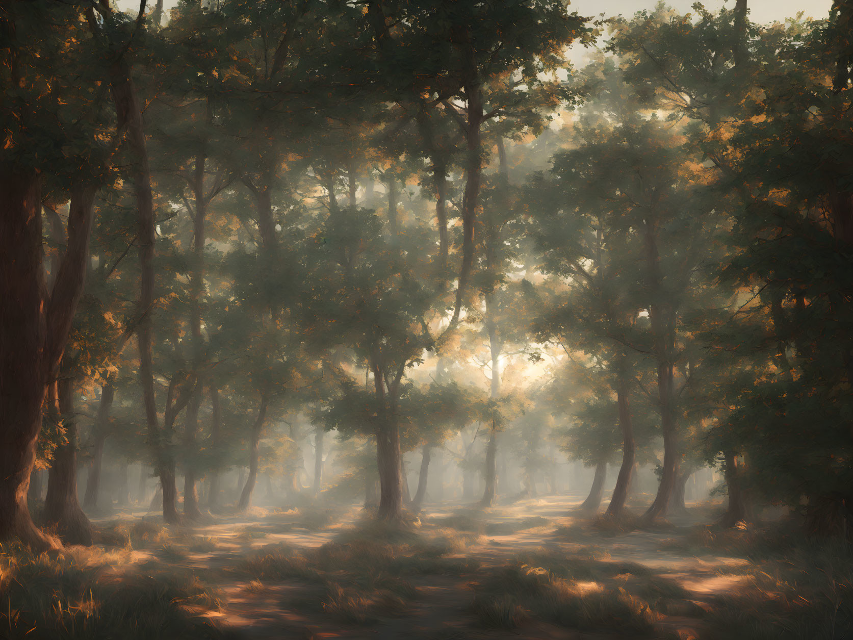 Tranquil Forest Landscape with Sunlight Filtering Through Foliage