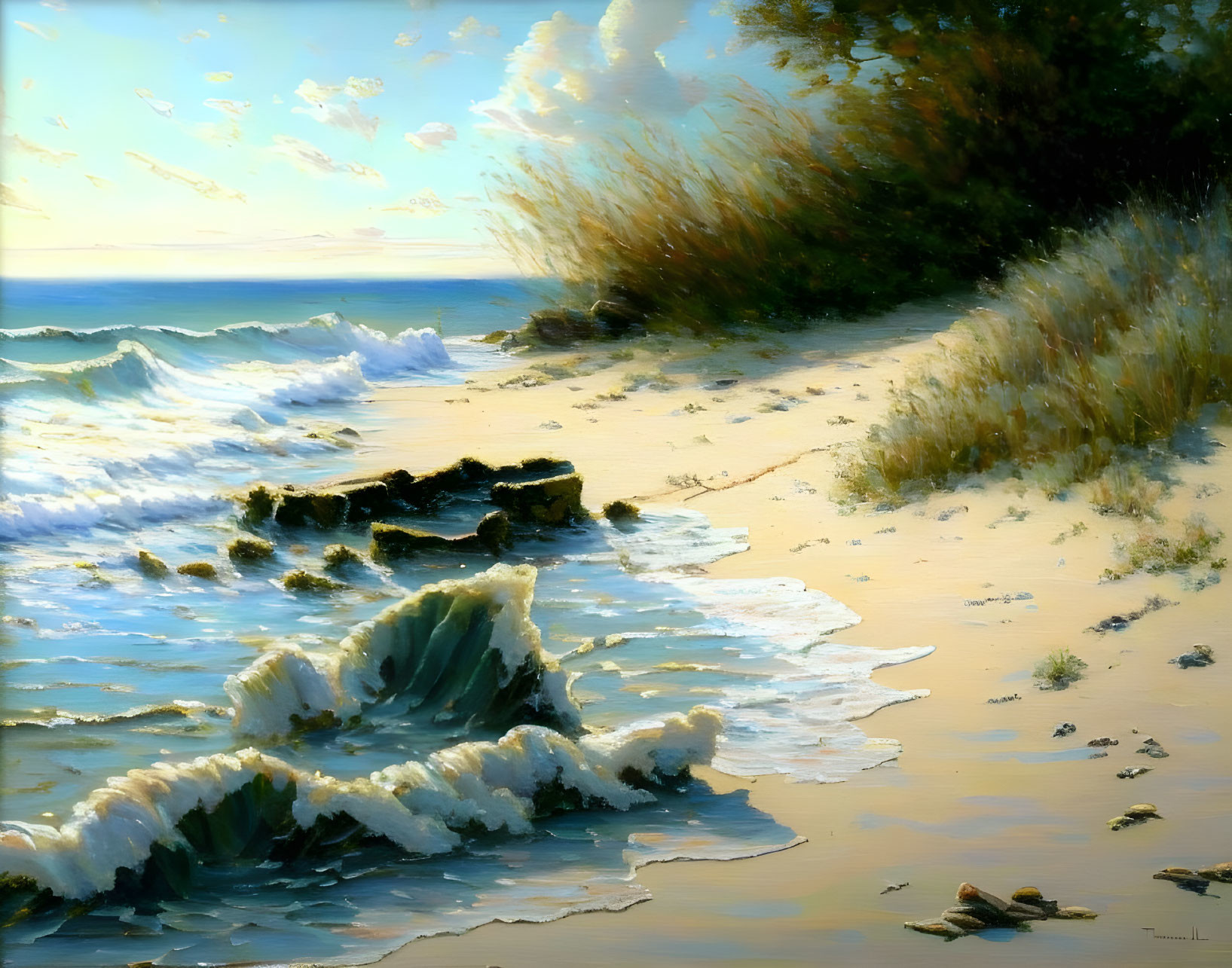 Tranquil beach landscape with crashing waves and overgrown dunes