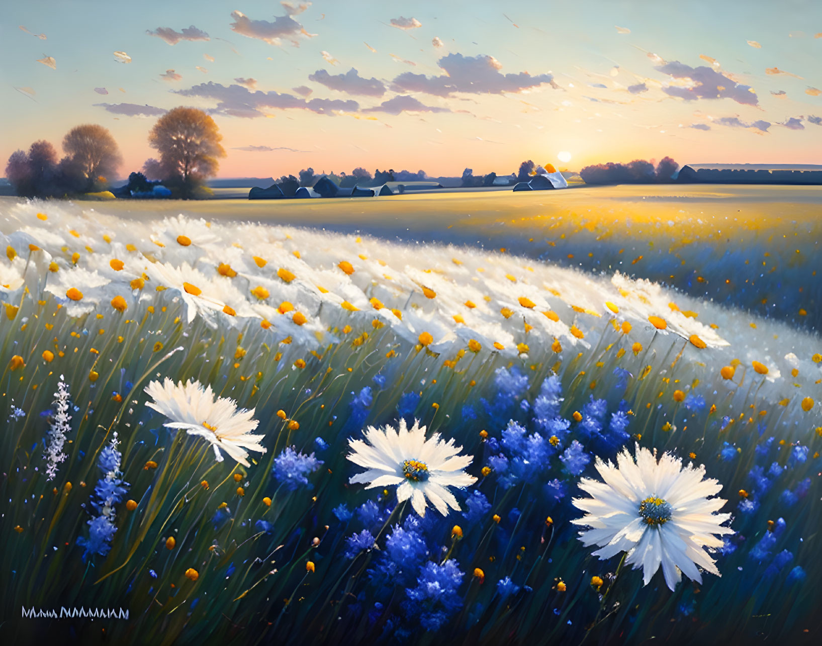 Tranquil landscape: white and purple flowers under setting sun