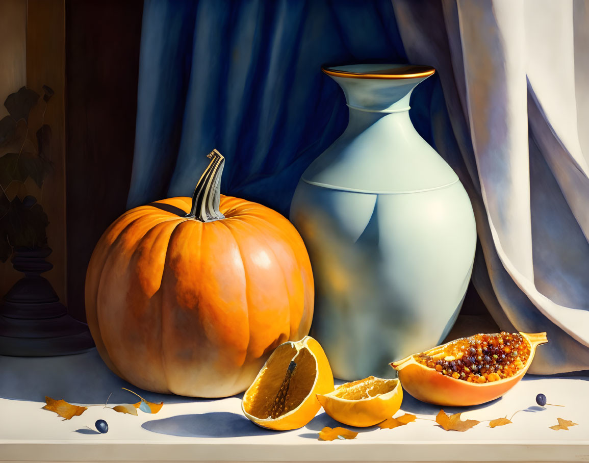 Ripe pumpkin, blue vase, orange fruit, and leaves on table