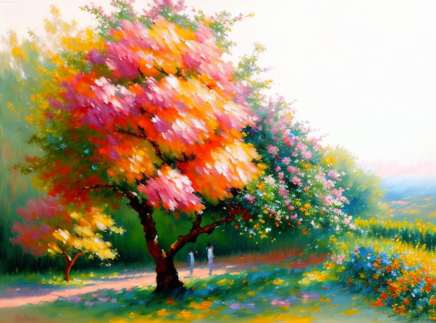 Colorful impressionist painting of blooming tree, flowers, and distant figures