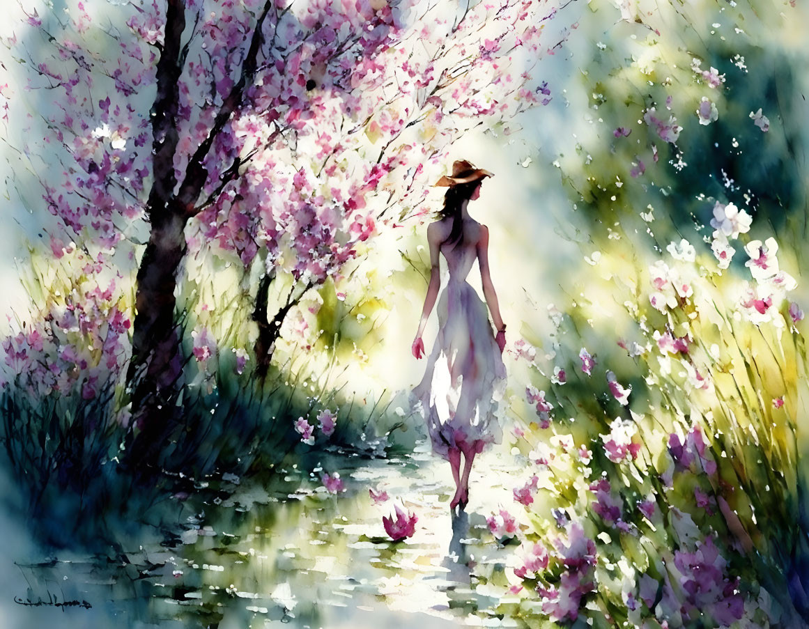 Woman in white dress strolls by blooming tree-lined path