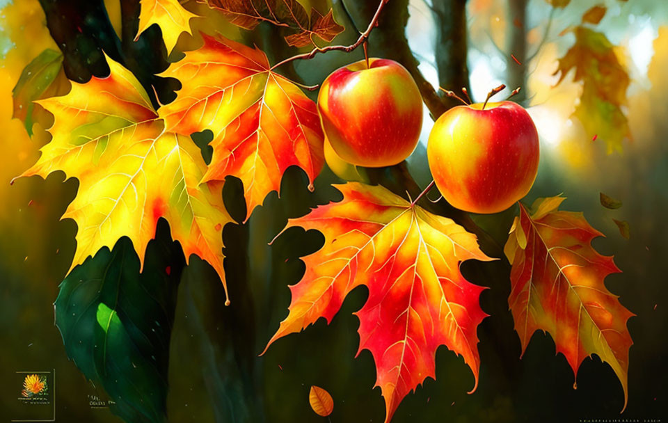 Ripe Red Apples on Branch with Autumn Leaves in Forest