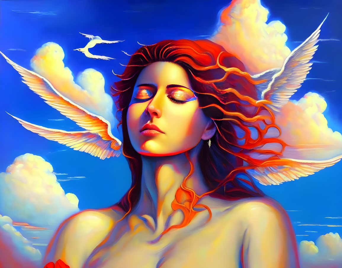 Colorful painting of a woman with wings and red hair under a blue sky