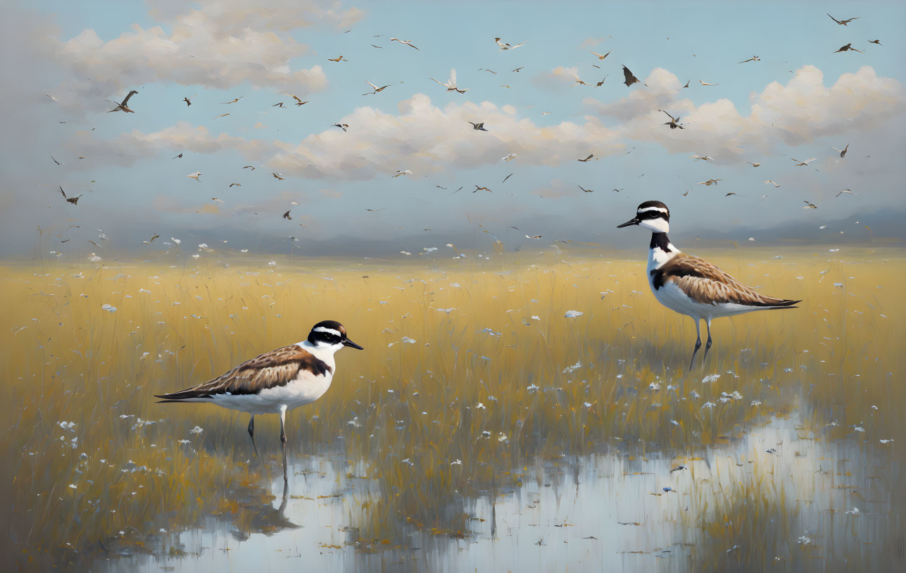 Two Killdeer Birds in Serene Field with Water Patches and Flying Insects