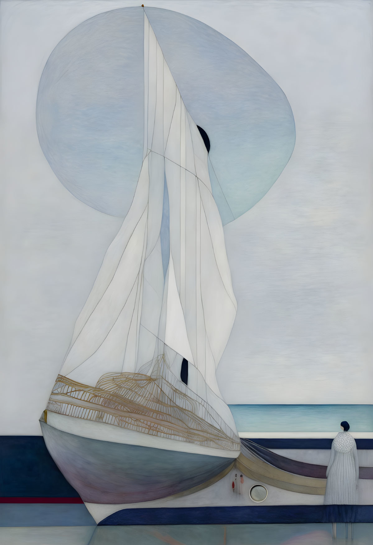 Surreal sailboat painting with elongated sails and figure in white