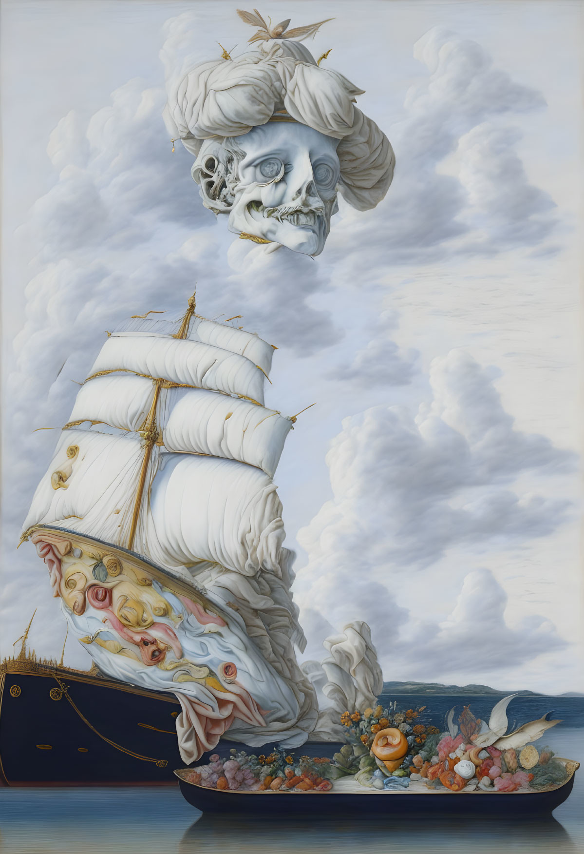 Surreal painting: Ship with skull masthead and ghostly face sails