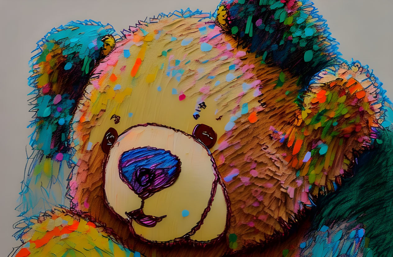 Colorful Bear Face Painting with Abstract Splashes and Sketch-like Strokes