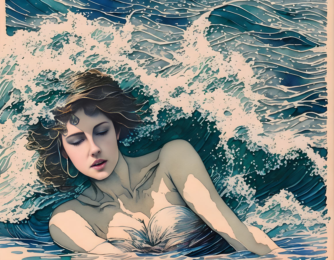 Woman Serenely Submerged in Water with Crashing Waves