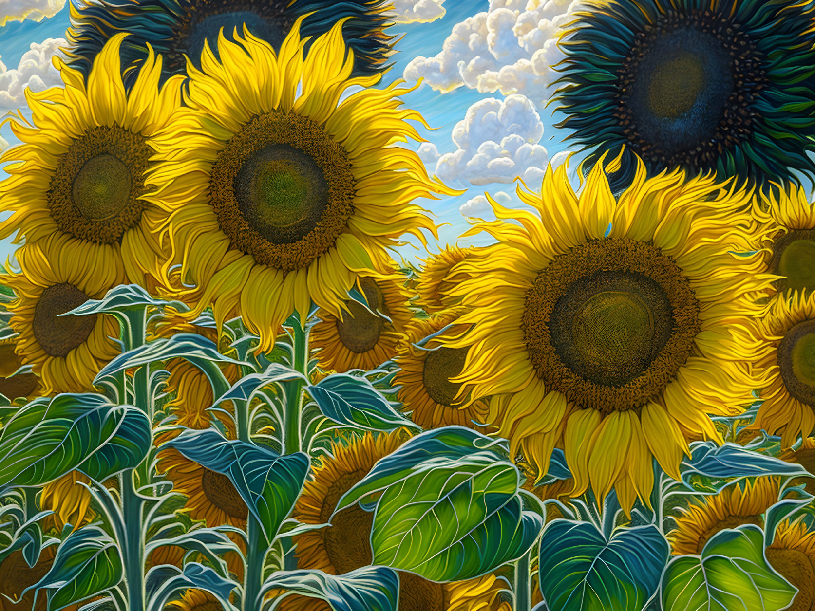 Sunflower painting with large yellow blooms on blue sky