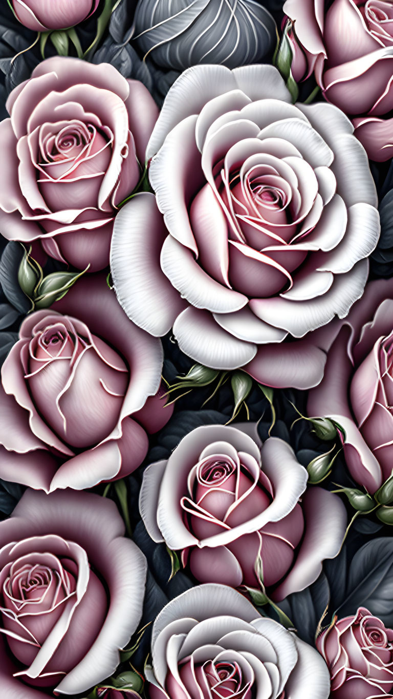 Detailed Floral Pattern with Pink and White Roses and Dark Accents