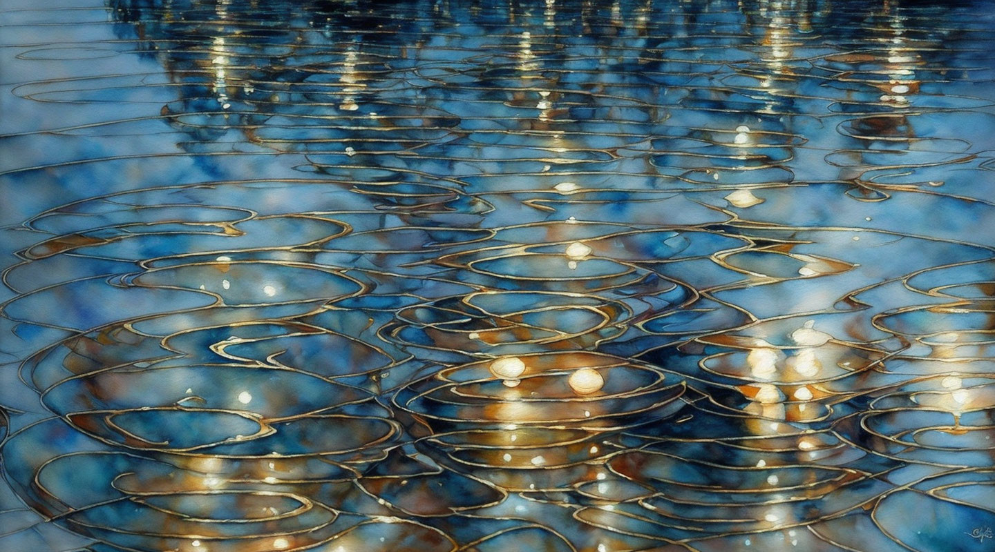 Circular ripples reflecting light on water surface create captivating blue pattern