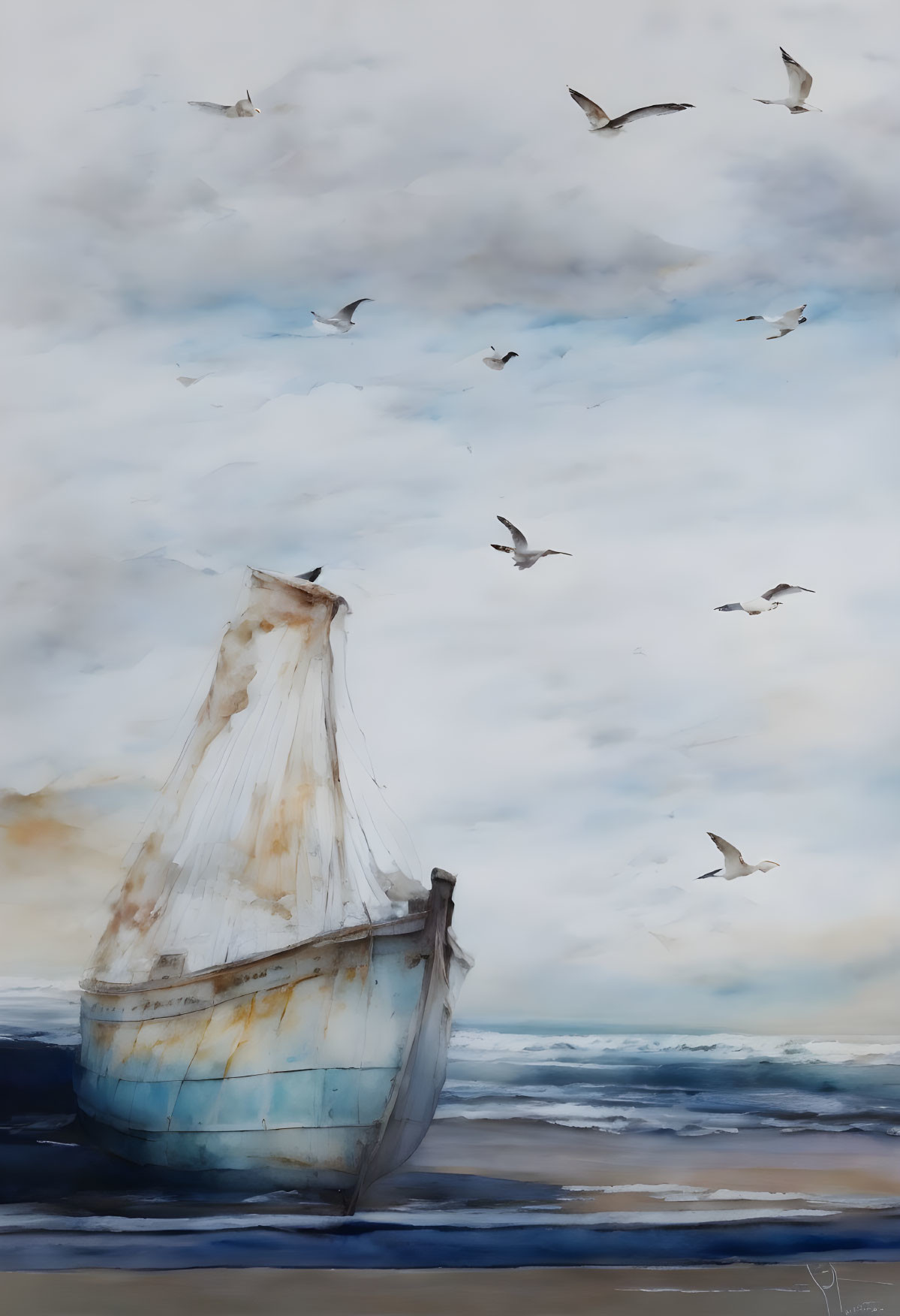 Weathered boat on shore under cloudy sky with seagulls.