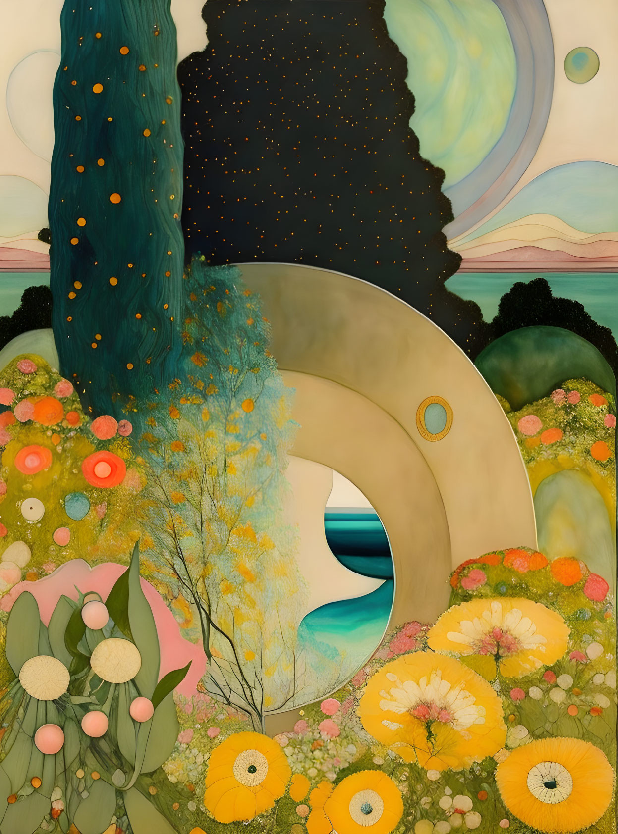 Surreal landscape painting: yin-yang, cypress tree, vibrant flowers, starry