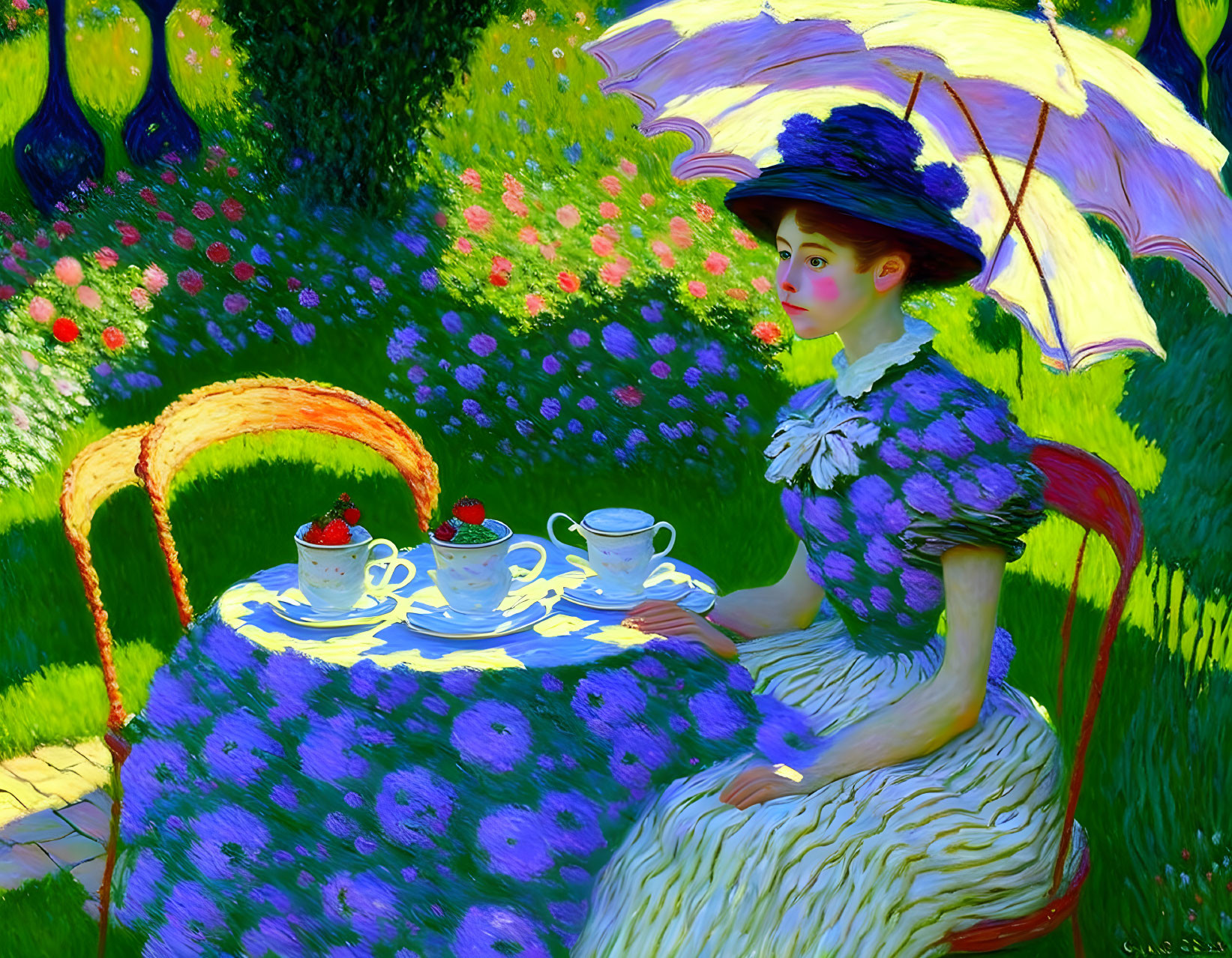 Woman in Purple Dress at Garden Table with Teacup and Parasol