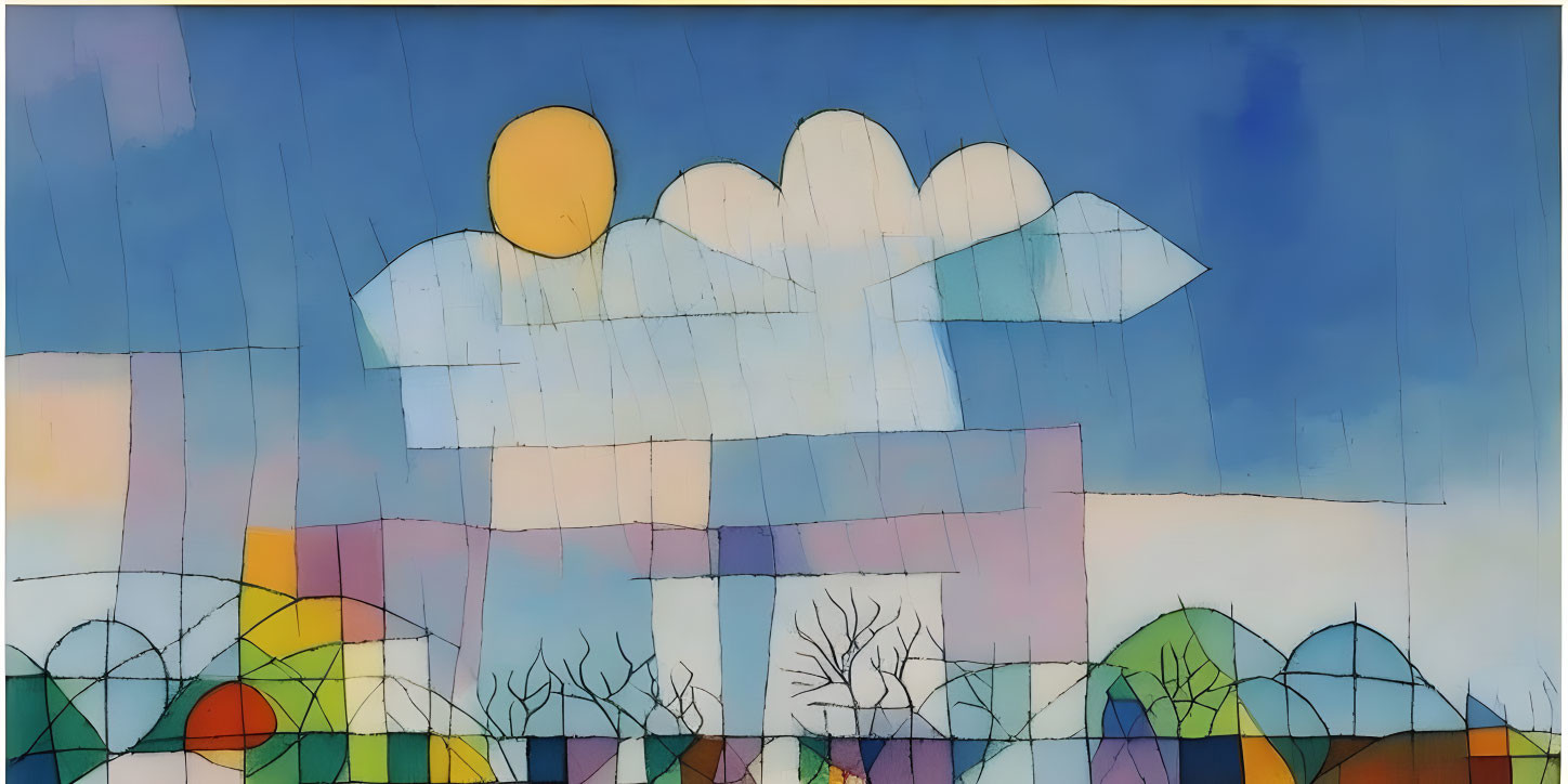 Colorful geometric shapes in abstract stained glass style landscape.