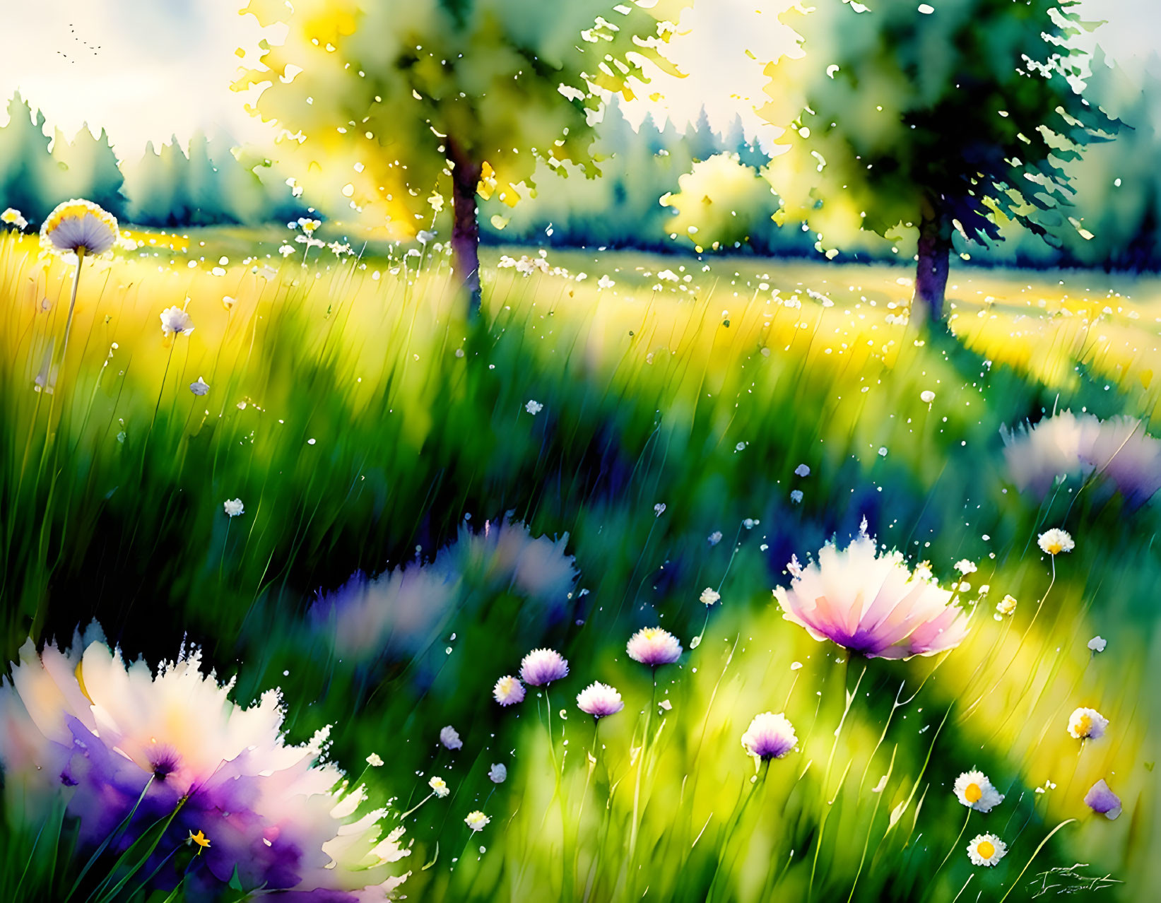 Vibrant Meadow with Wildflowers and Trees in Dappled Sunlight