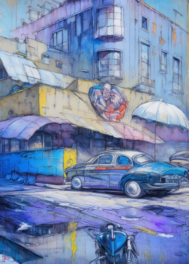 Colorful urban watercolor painting with classic car, motorcycle, and couple under umbrella.