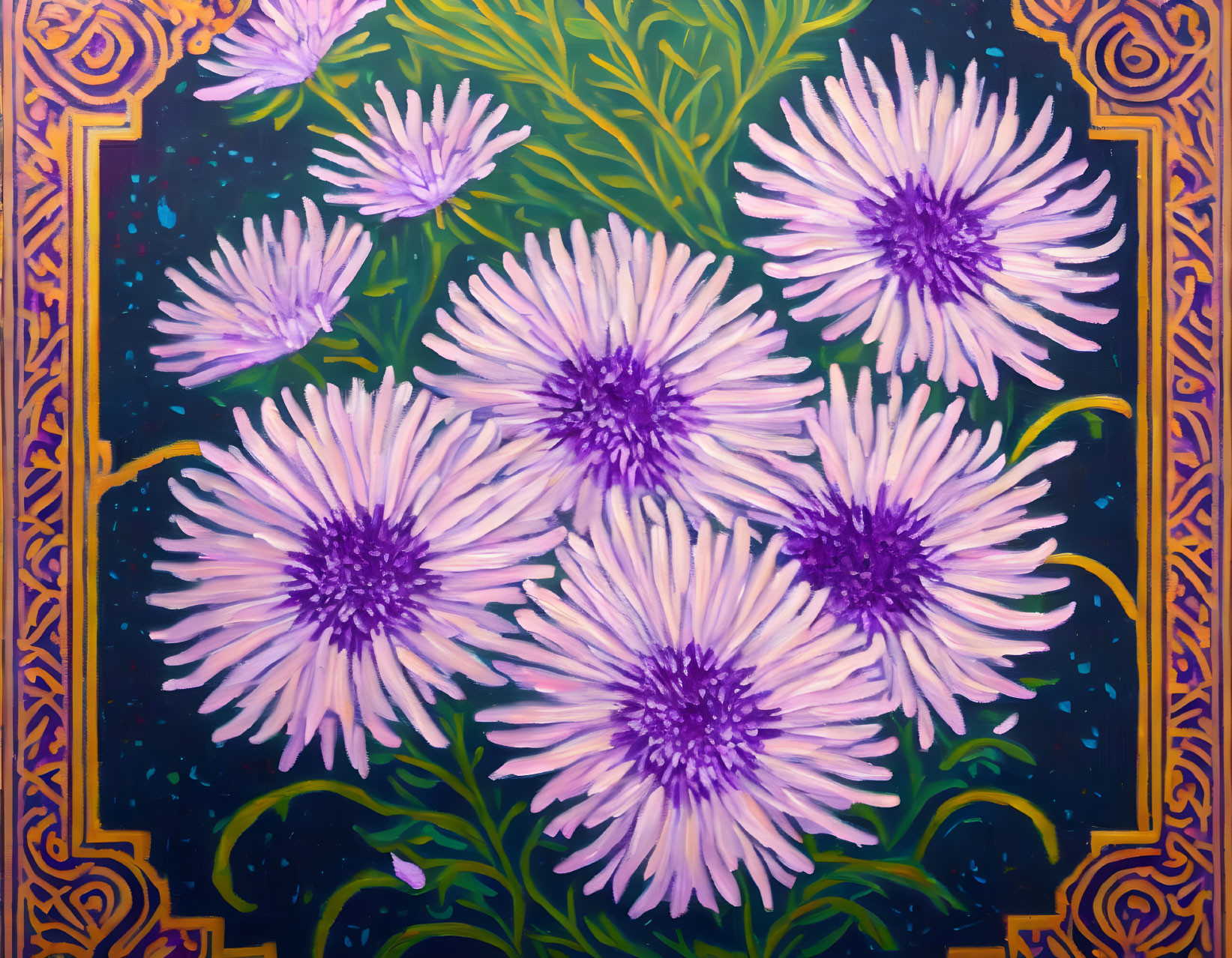 Purple Flowers Painting with Green and Gold Patterns on Dark Background