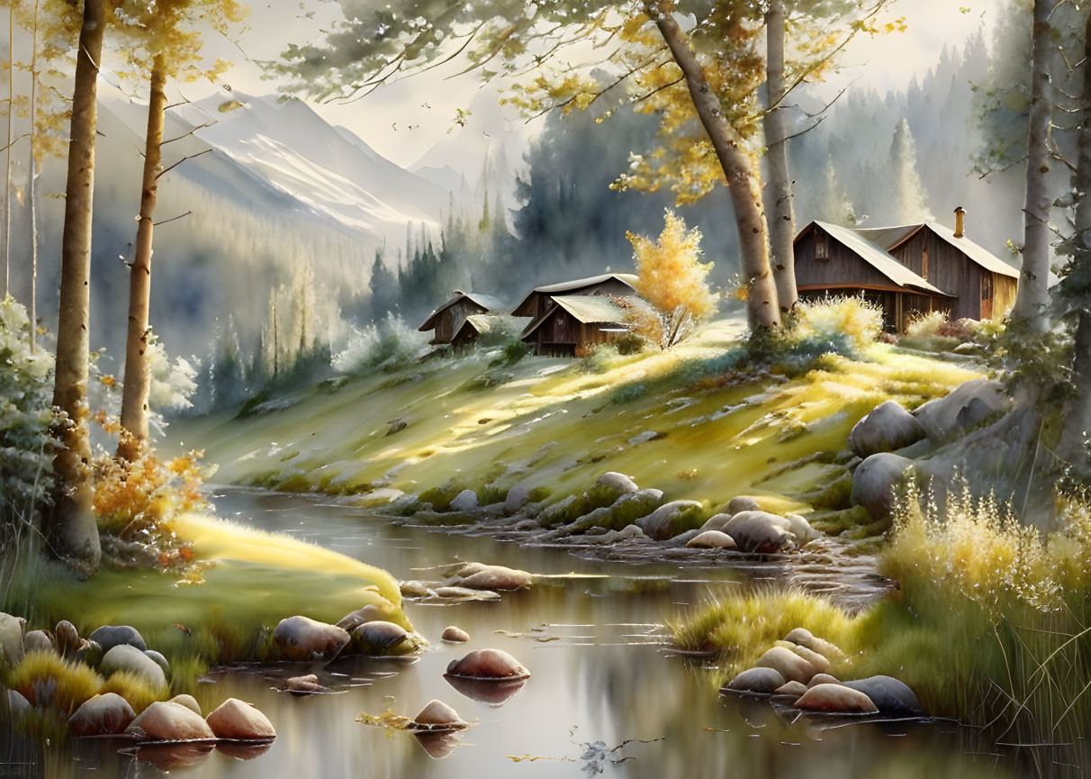 Tranquil rural cabins by stream in lush autumn setting