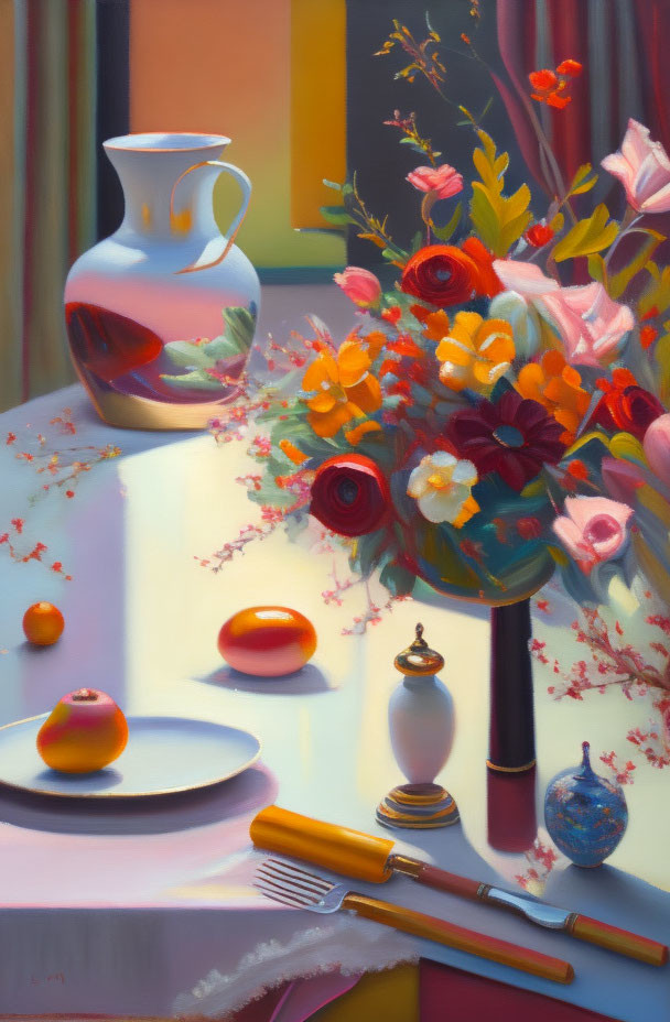 Classic still life painting with flowers, fruits, brushes, and decorative items.