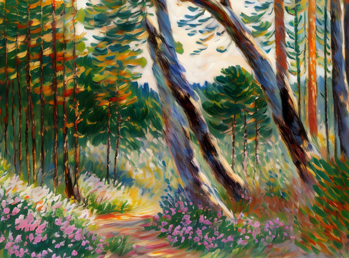 Lush forest scene with tall pines, slanted trunks, pink flower-lined path, and