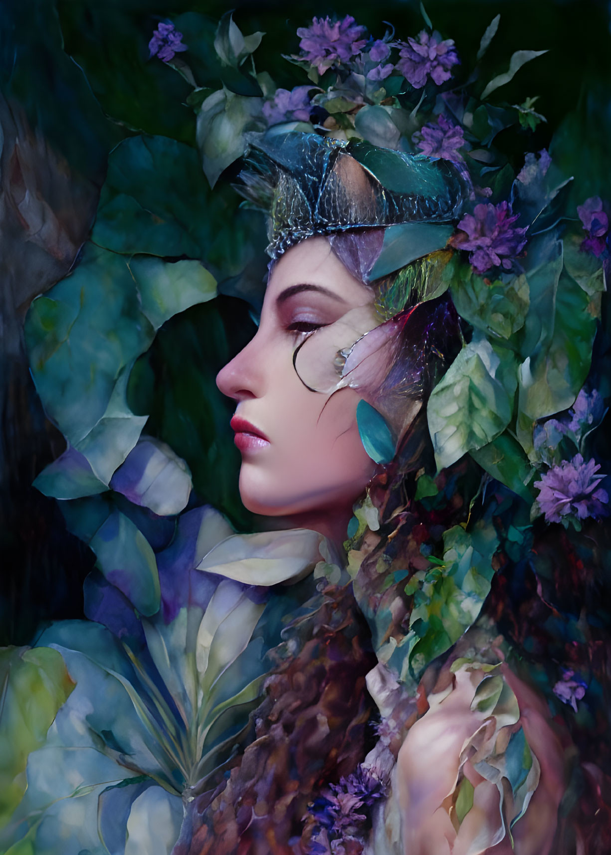 Person with Decorative Headdress in Lush Violet and Green Foliage