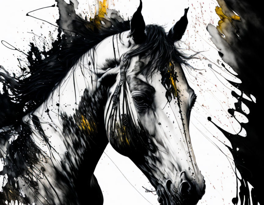 Monochromatic horse painting with black and yellow ink splatters