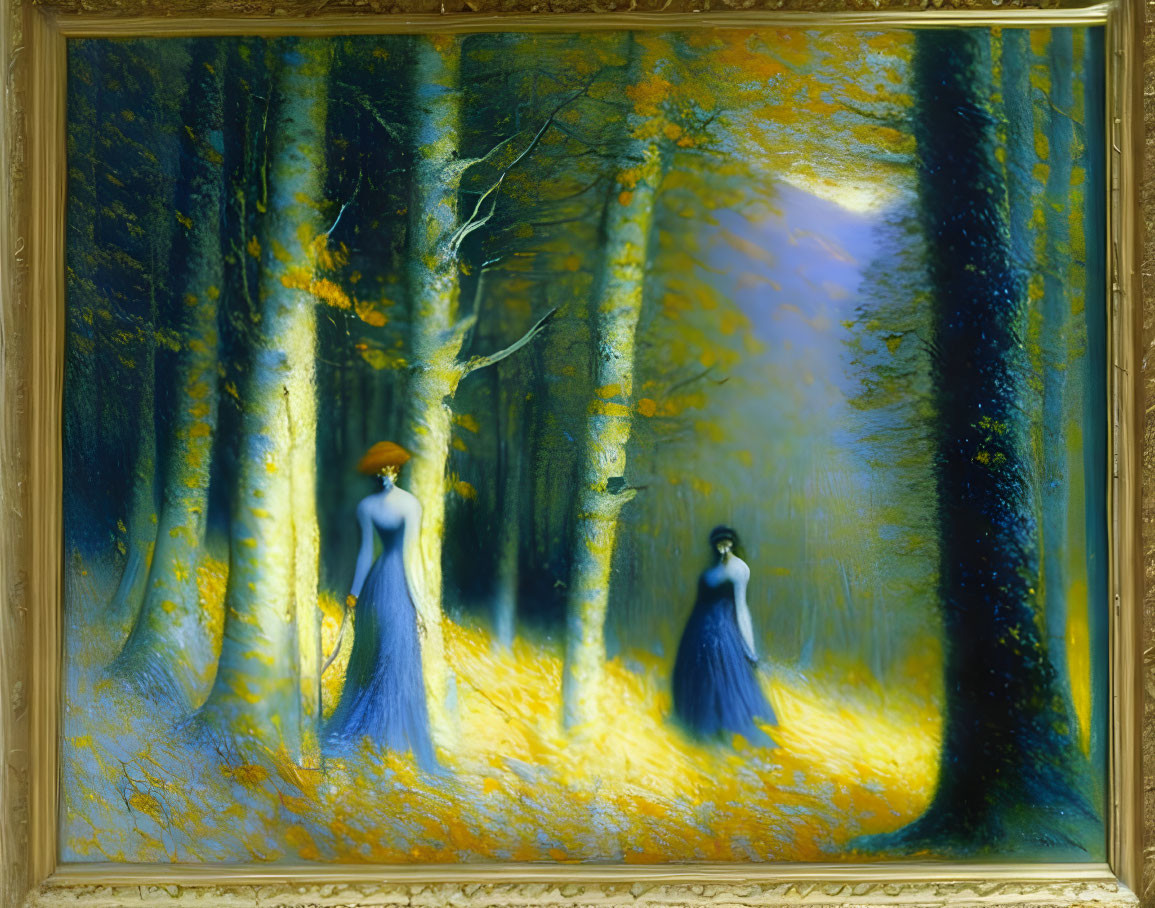 Two Women in Blue Dresses in Mystical Forest with Golden Light Painting