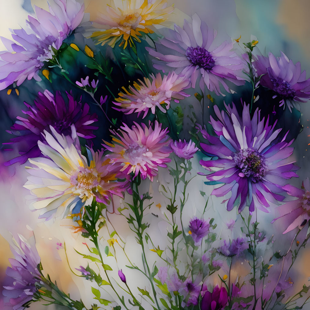 Purple and White Digital Flowers on Soft Watercolor Background