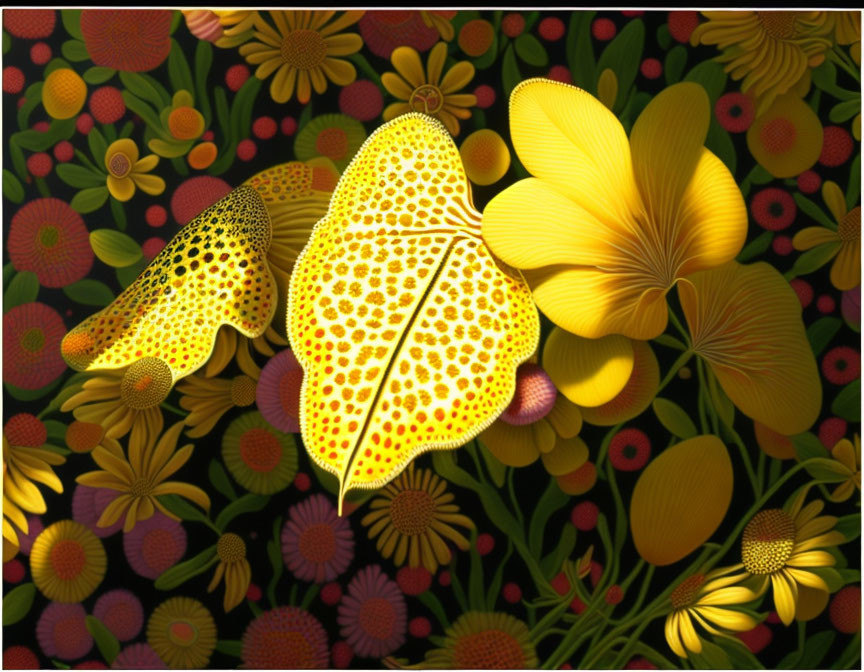 Yellow Butterfly Wing Among Vibrant Flowers on Dark Background