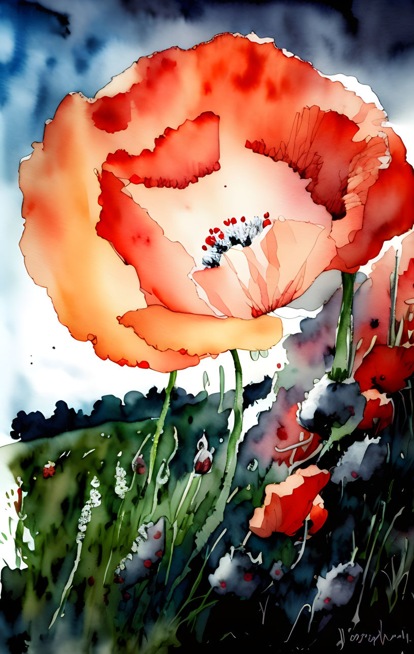 Vibrant red poppy watercolor painting with greenery on blue background