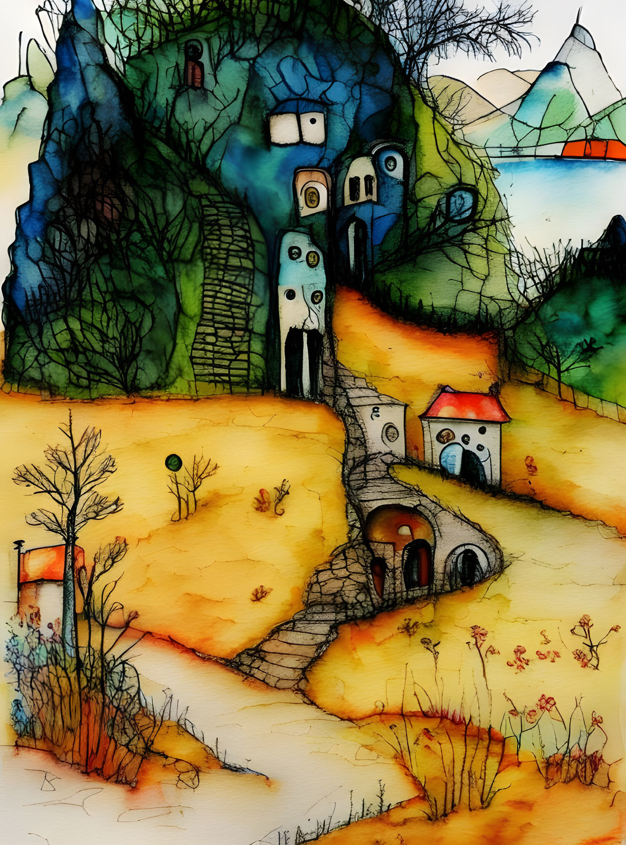 Colorful watercolor painting of whimsical path and quirky houses