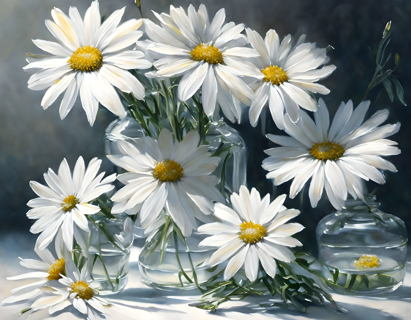 White daisies with yellow centers in clear glass vases on blue-gray background