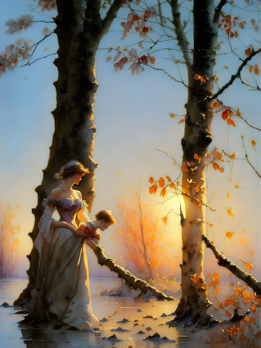 Vintage Dress Woman Among Autumn Trees with Sunlight and Mist