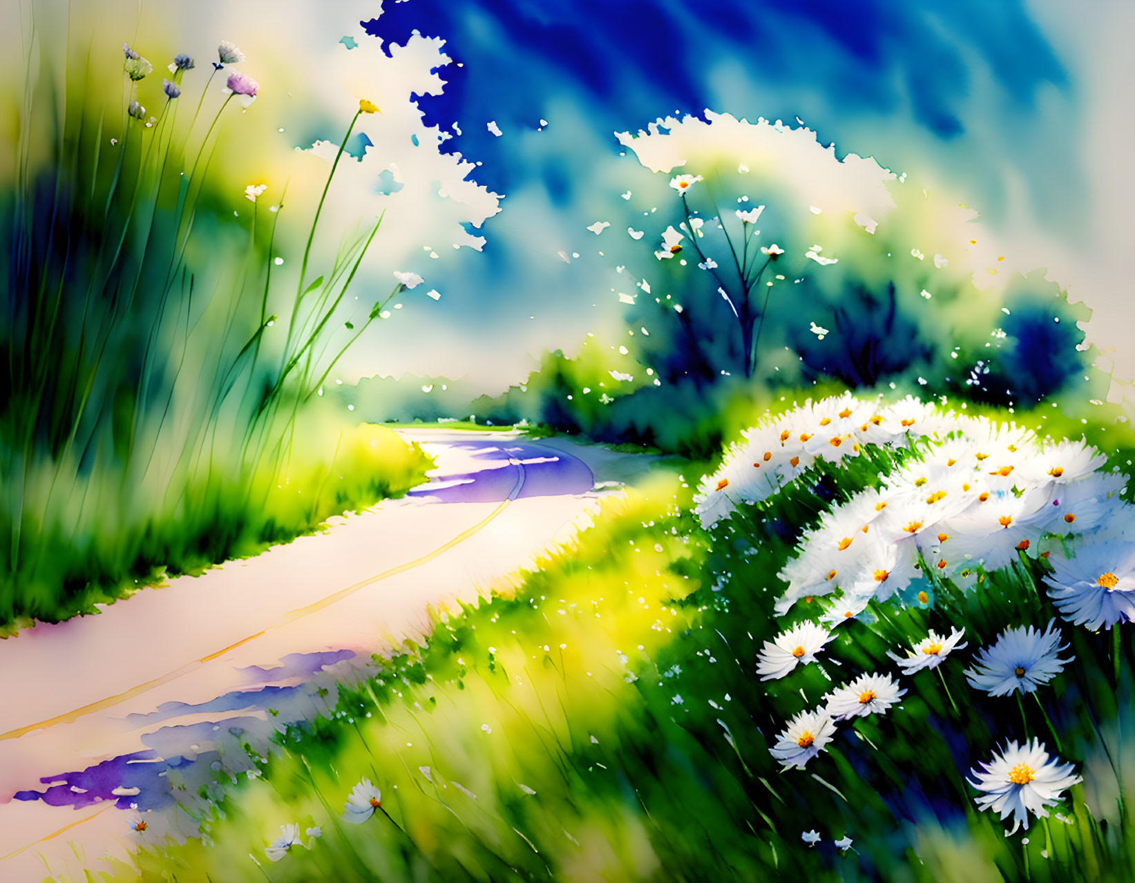 Colorful digital painting of a vibrant landscape with blooming daisies and dynamic sky