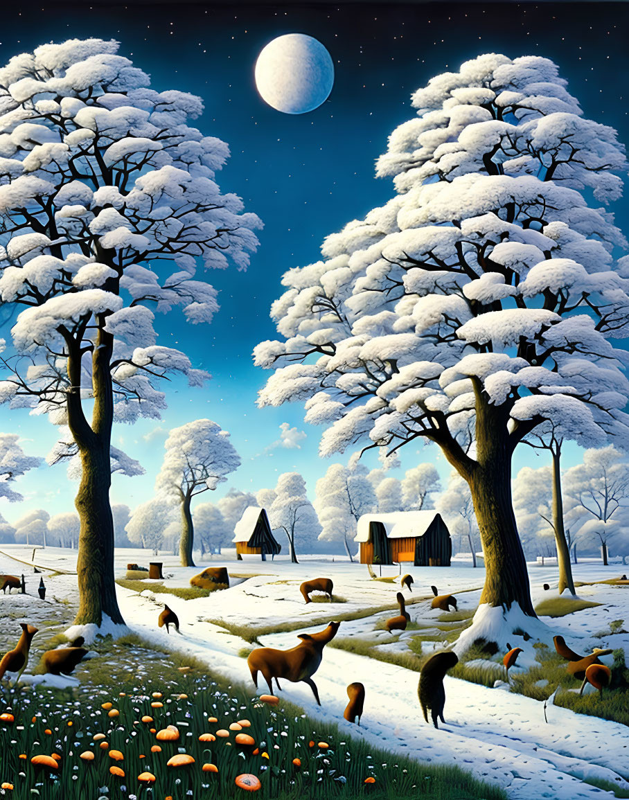 Snow-covered trees, moonlit sky, houses, deer, and orange mushrooms in winter night scene