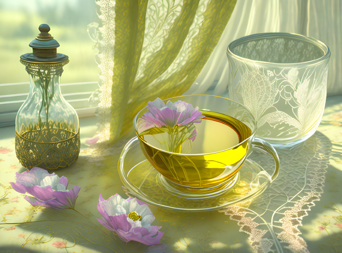 Tranquil still-life with sunlit tea cup, flower, glass bottle, and floral patterns