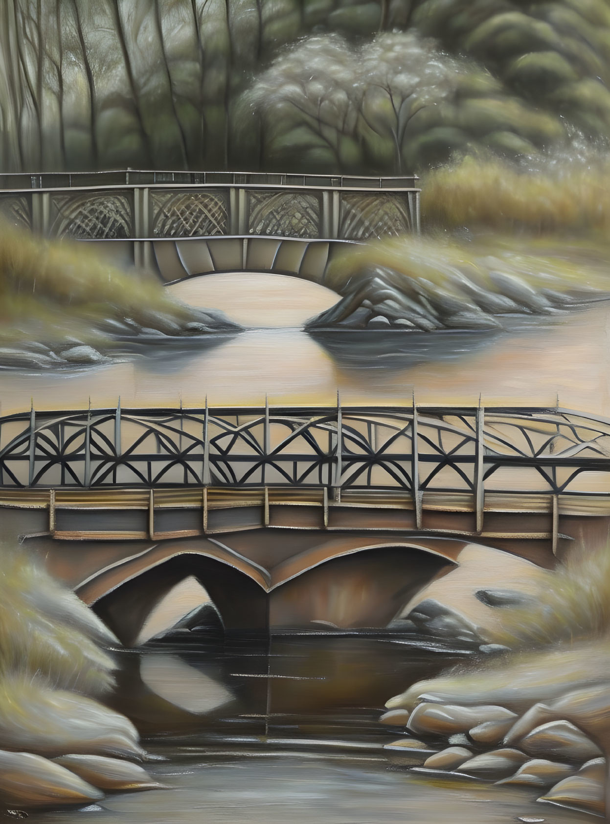 Tranquil double bridge painting over calm river